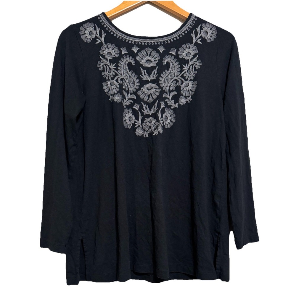 J. Jill Women's M Tunic Shirt Black Embroidered Floral Long Sleeve‎ Boho Peasant